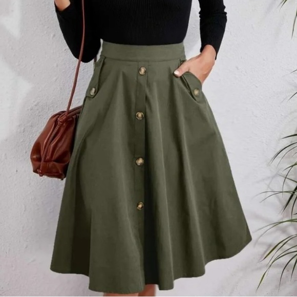 Classic Burnt Orange Button Detail Pocket Midi Skirt - Picture 14 of 16